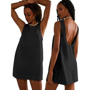 Womens Linen Mini Dress Sleeveless Pockets Beach Vacation Casual Wear